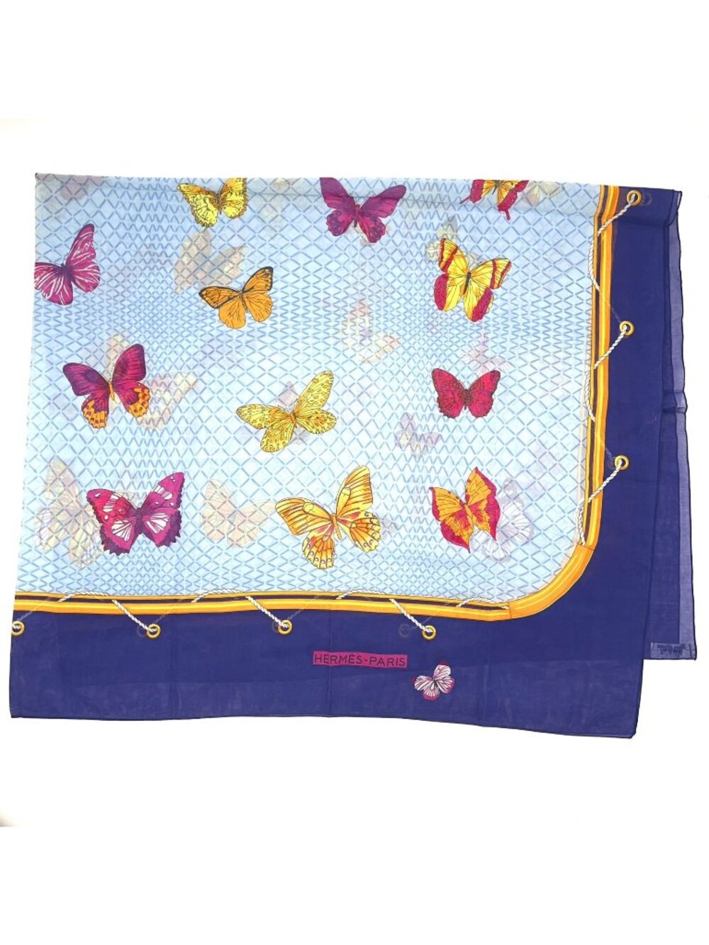 Hermes les Papillons Butterfly Large Shawl Cotton Blue Scarf